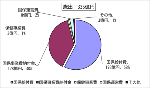 国保給付費193億円、国保事業費納付金128億円、国保運営費8億円、保健事業費3億円、その他3億円